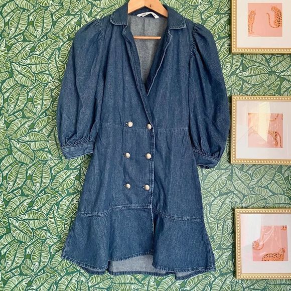 Zara | Double Breasted Puff Sleeve Denim Mini Dress XS Ruffle - Picture 1 of 6